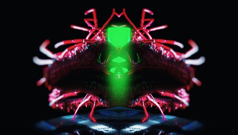Crab-like limbs emerge from an area of darkness in the middle of which sits a green tube