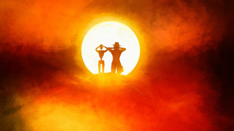 Two silhouetted figures – one human, one robot – look through binoculars towards the sun