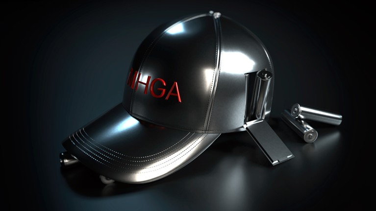 A black metal baseball cap bearing the letters MHGA in red features an open compartment out of which bullets fall