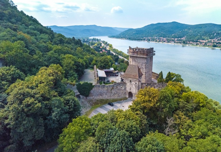 Aerial view of the Salamon tower, part of the 13th century Visegrád castle ruins, on the banks of the river Danube, Hungary