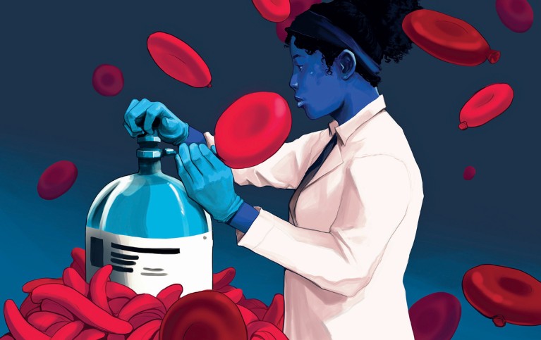 A researcher uses an air canister to inflate blood cells, which float around her