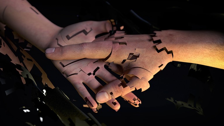 Two human hands reach for each other as they begin to fragment in space