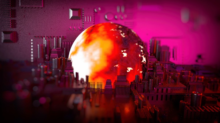 A large glowing sun-like ball sits amid a city built from elements on a silicon chip