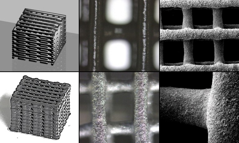 Grid of six images showing a model, micrograph and close up details of a 3D printed lattice