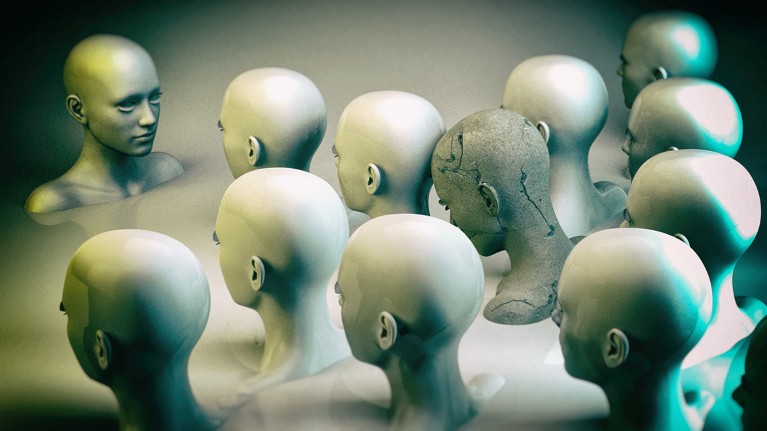 A model human head faces a group of identical heads, one of which is grey and cracked