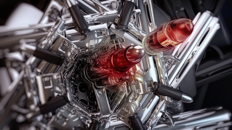 A ghost-like red bullet emerges ahead of a more solid bullet from a futuristic gun barrel