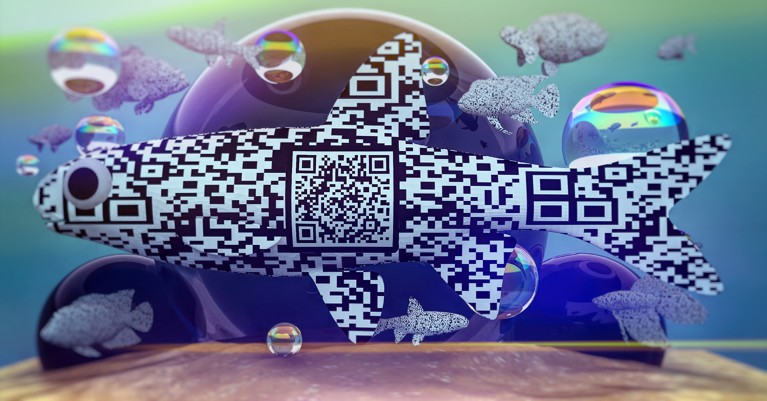 A cartoon-like black and white patterned fish with a QR code on its side