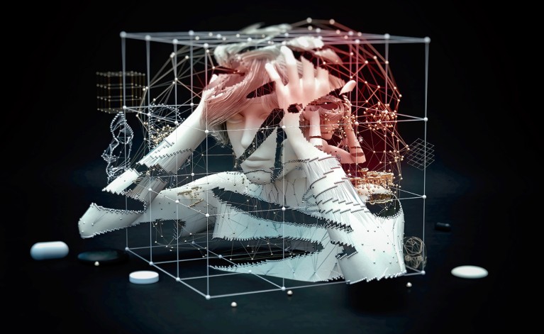 A computer-generated figure clasps its head in its hands while a similar figure echoes the movements in the background