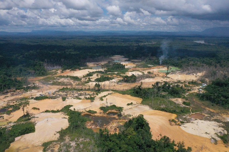 Aerial view of the destruction of gold panning in the the Yanomami Indigenous reserve in the Amazon forest.