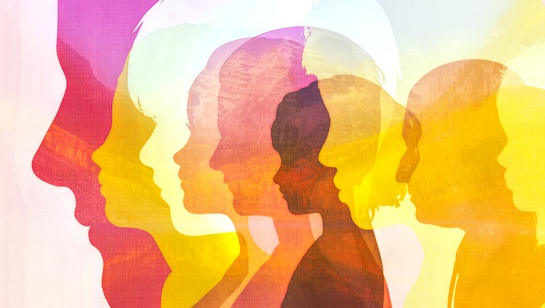 Silhouettes of human heads in different colours overlap each other