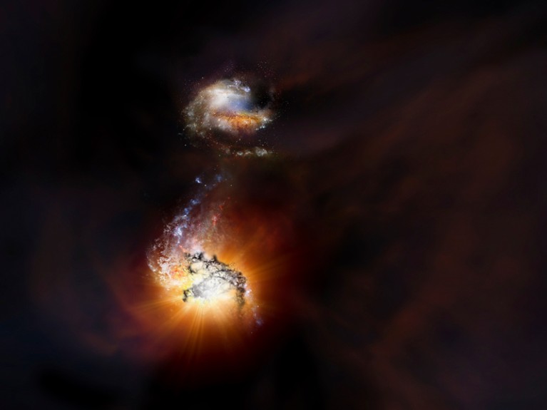 A computer illustration of starburst galaxies merging in the early universe