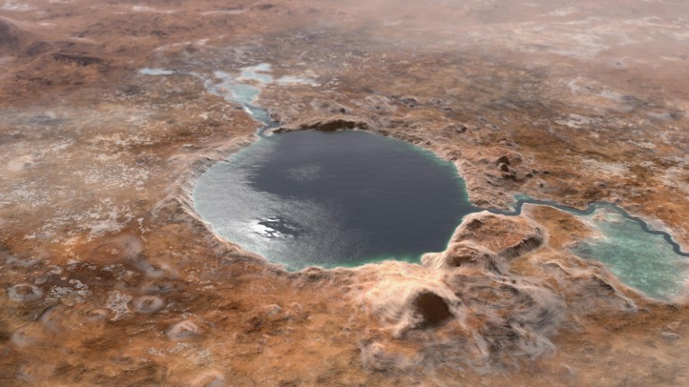 Illustration of Jezero Crater when it was a lake.