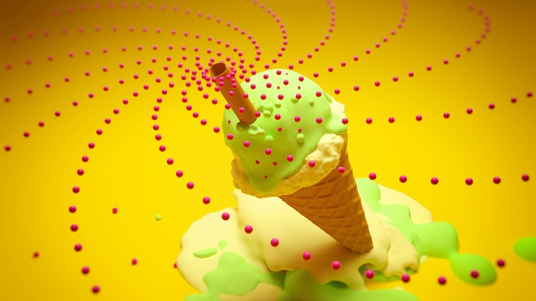 An ice cream cone filled with green and yellow ice cream sits amid a vortex of red seeds