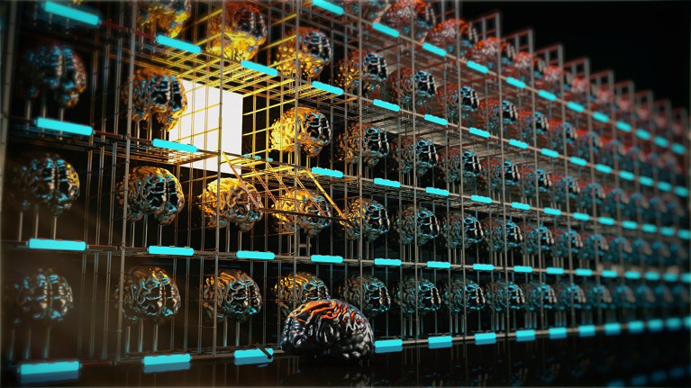 A human brain floats in front of an open cage amid rows and rows of stored brains