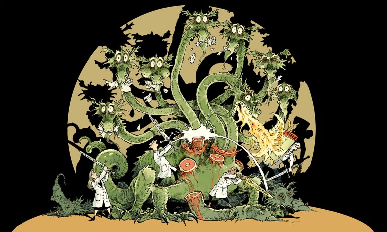 Cartoon of four researchers attacking a many headed hydra with swords