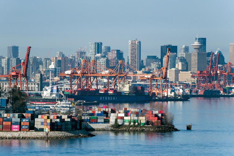 Container terminals on Vancouver Harbour with the city in the background