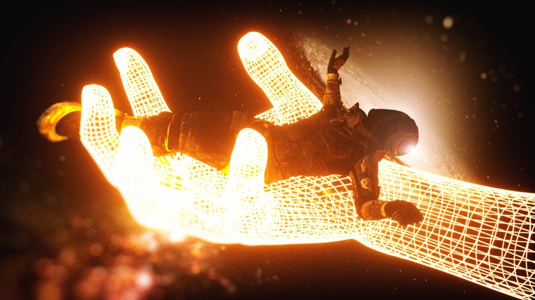 A computer-generated glowing hand holds the prone figure of an astronaut