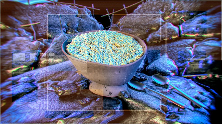 A bowl of food sits in the middle of what appears to be a computer-generated image feed