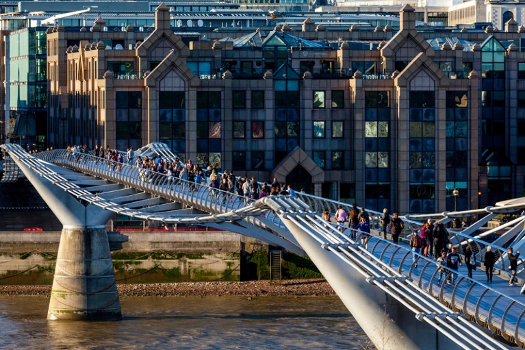 People walking over the London Millennium bridge