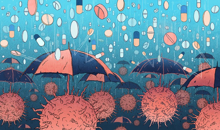 Cartoon of cancer cells using umbrellas to protect themselves from drugs raining down on them