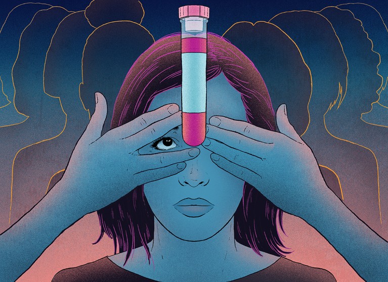 Cartoon of a woman peering through her fingers at a sample tube floating in front of her face