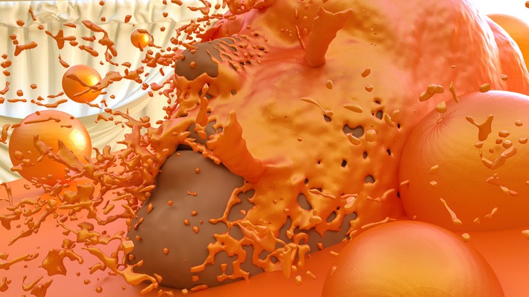 A human face with a pronounced chin emerges from a sea of orange liquid