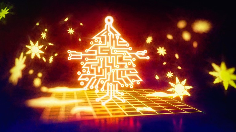 A Christmas tree made of a printed circuit board glows brightly surrounded by stars