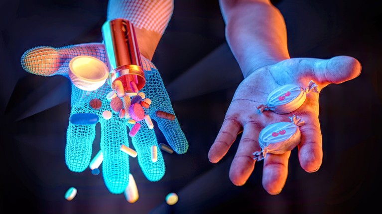 A pair of outstretched hands, one CGI holding a pot of pills, the other human and holding two wrapped sweets