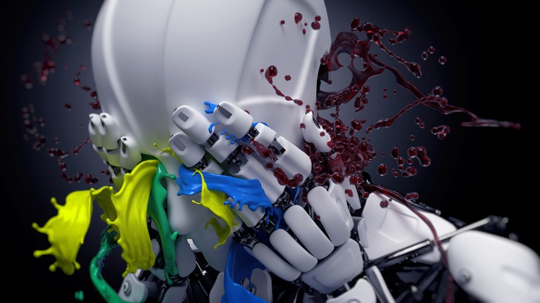 A robot holds its head in its hands while seemingly crying tears of coloured paint