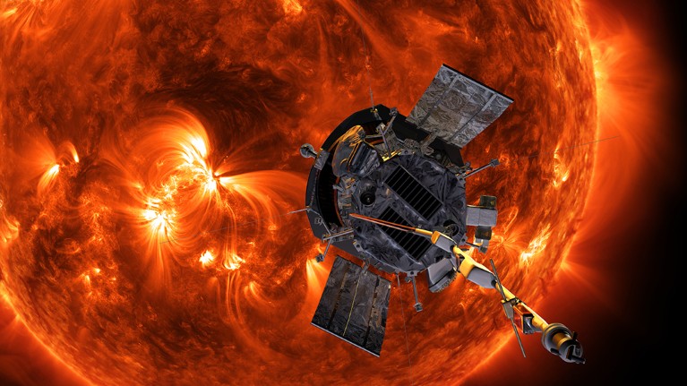 Artist’s concept of the Parker Solar Probe spacecraft approaching the sun.