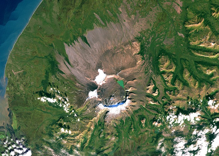 Satellite view of Aniakchak (center), an active volcano located on the Alaska Peninsula 670 kilometers southwest of Anchorage.
