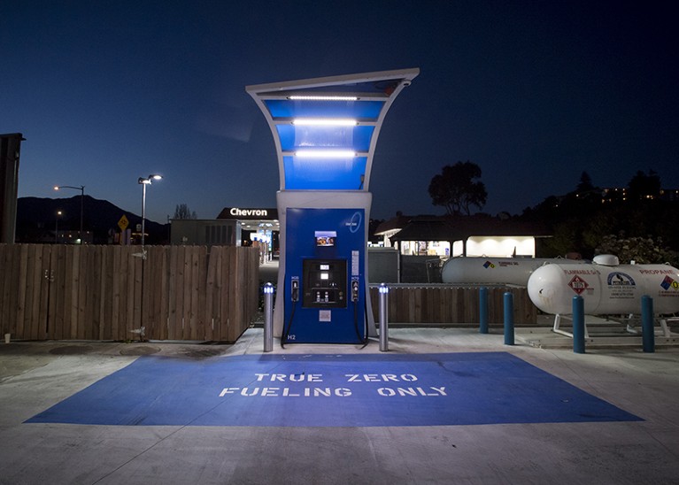 A hydrogen fueling pump lit at night at a TrueZero station in Mill Valley, California, U.S.