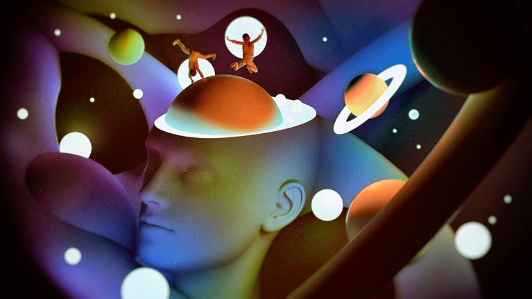 A stylized human head with a planet for a brain is surrounded by other planets, space debris and astronauts