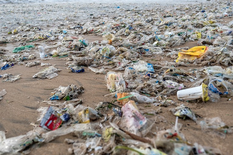 Plastic trash covers the beach in Jimbaran, Bali, Indonesia on January 27, 2021.