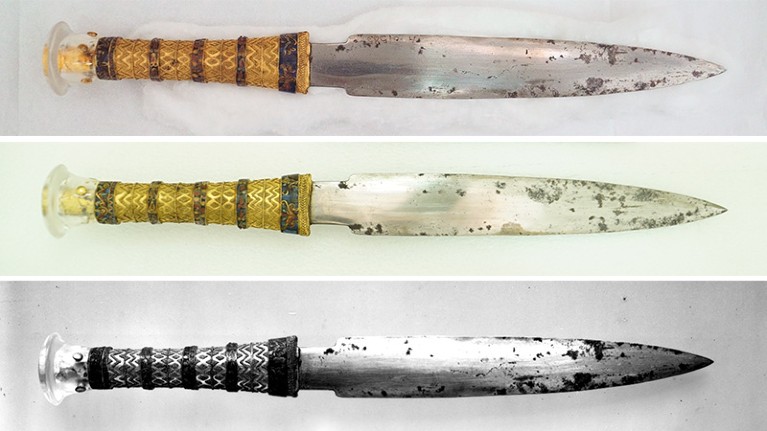 Top two photos of Tutankhamen’s dagger at the Egyptian Museum of Cairo, 2020. Bottom photo, the dagger from the 1925 discovery.