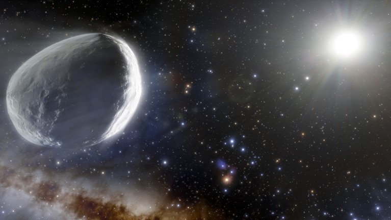 An illustration of the distant Comet Bernardinelli-Bernstein as it might look in the outer Solar System.