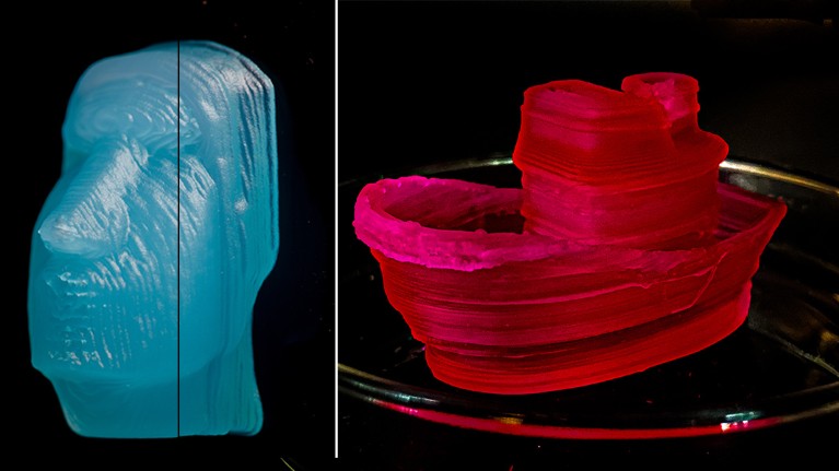 Microgels are printed into a blue Moai figure, left; then the microgels are regenerated and 3D printed again into a red boat.