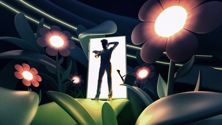 A man holding a phone stands in a doorway to a room full of large plants with glowing flowers