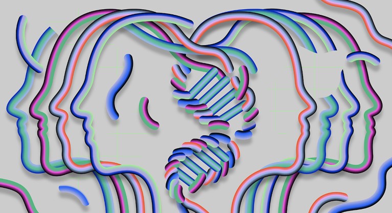 Cartoon showing several human heads made out of colourful lines that join together to form DNA