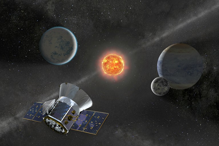 Illustration of NASA’s Transiting Exoplanet Survey Satellite (TESS) in space.