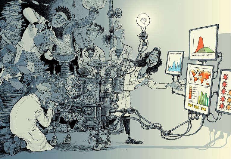 Cartoon showing several researchers feeding and pouring data into a machine that creates graphs and charts on screens