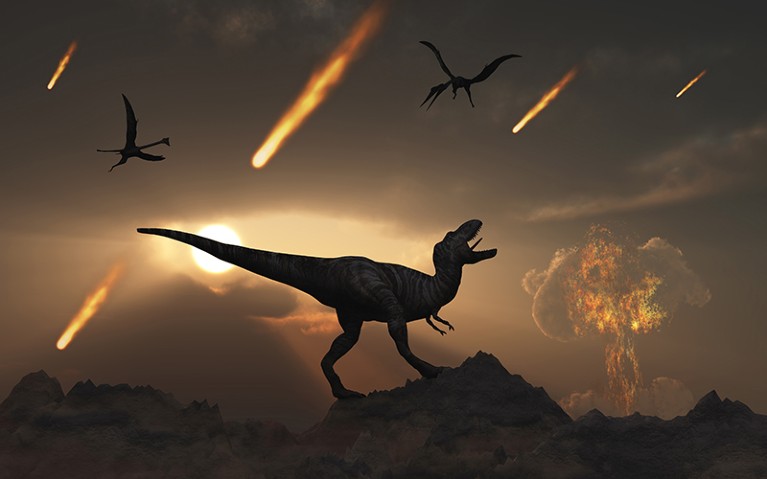 Illustration of the last days of dinosaurs during the Cretaceous Period, caused by a giant asteroid impact at Chicxulub.