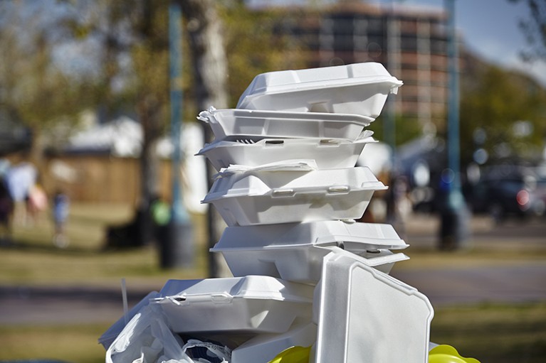 Used white styrofoam food containers stacked in a litter bin in a park.