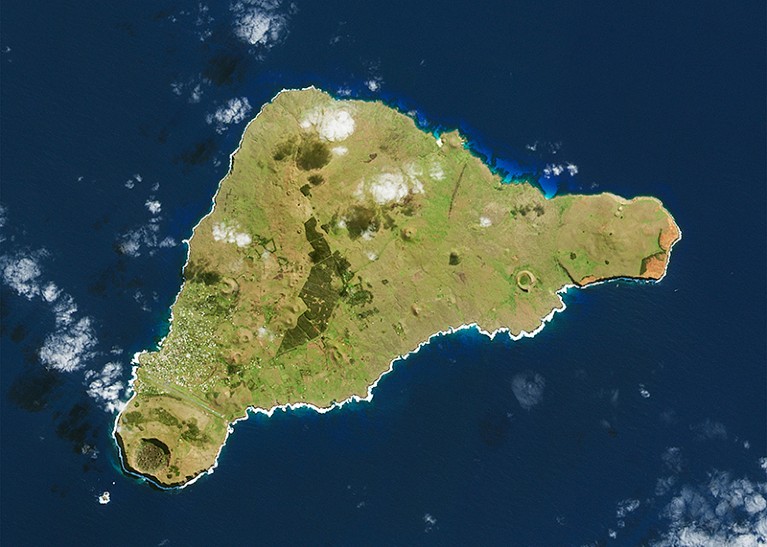 Aerial view of Rapa Nui (Easter Island) in the South Pacific.