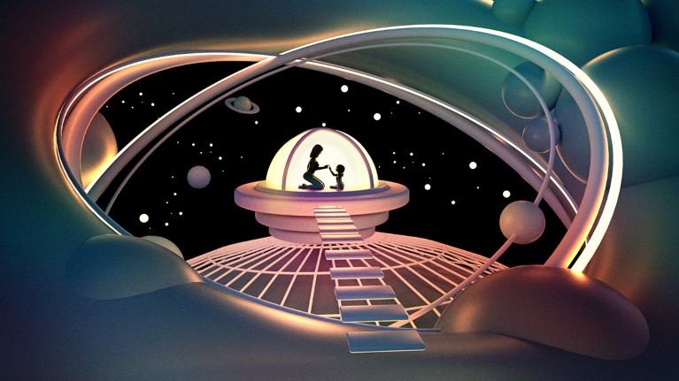 Silhouettes of a woman and child are illuminate in a space dome surrounded by stars in the night sky