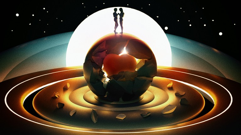 Two figures face each other atop a disintegrating world that has a heart at its centre