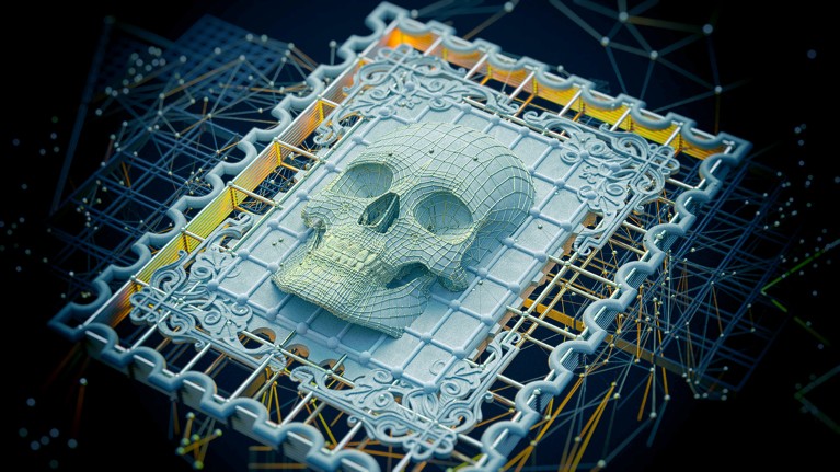 3D image of a human skull protrudes from a computer-generated picture grid shaped like a stamp