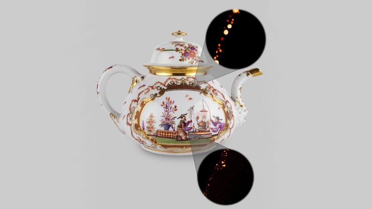An eighteenth-century Meissen teapot with two cross-sectional maps of gold nanoparticle signatures.