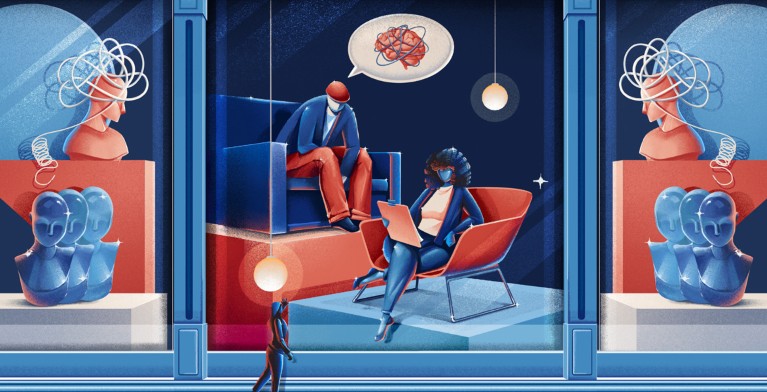 A shop window featuring two people sitting in adjacent chairs, one of whom has a speech bubble containing a brain