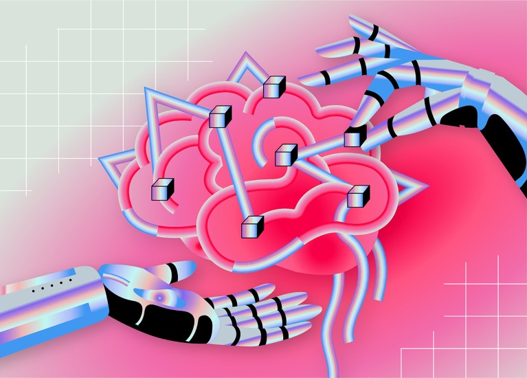 Illustration showing robotic hands building a digital brain